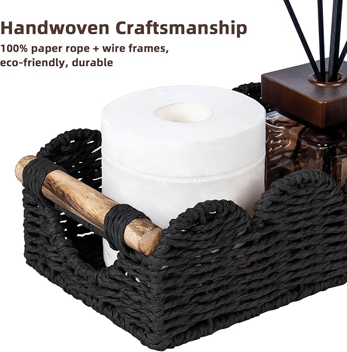 CubesLand Bathroom Basket Organizer w/Cut Out Handle, Back of Toilet Paper Storage Baskets Tray for Bathroom Countertop Decorative, Scalloped Wicker Basket Also for Home Decor, Living Room, Black