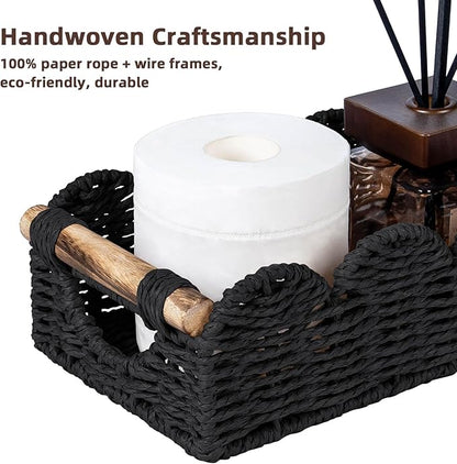 CubesLand Bathroom Basket Organizer w/Cut Out Handle, Back of Toilet Paper Storage Baskets Tray for Bathroom Countertop Decorative, Scalloped Wicker Basket Also for Home Decor, Living Room, Black