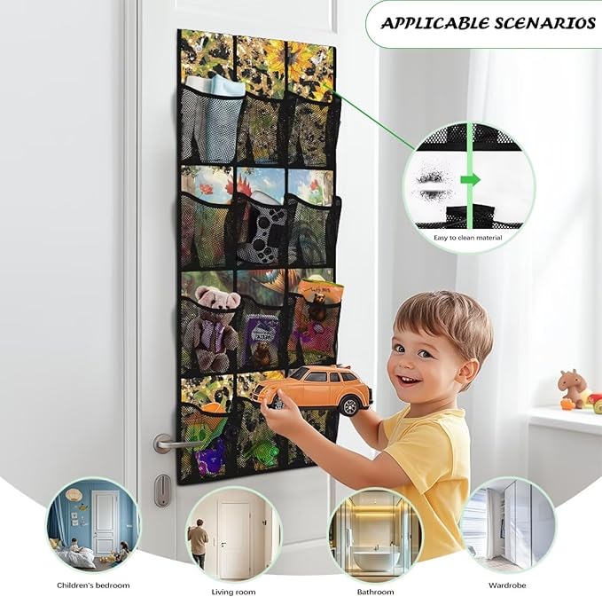 Over The Door Storage Organizer Closet Door Hanging Organizer with 12 Mesh Pockets, Stuffed Animal Storage for Toys Sundries Organizers and Storage,Rooster Leopard