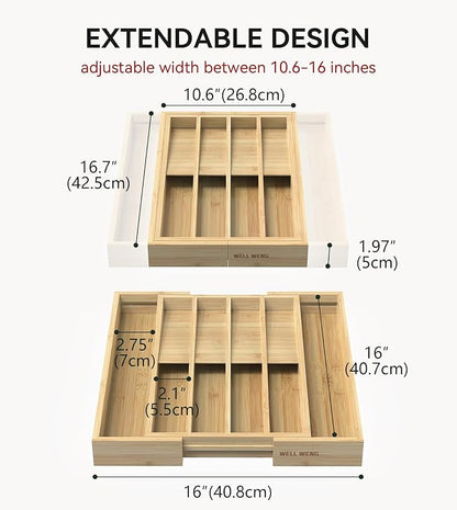 Expandable Silverware Organizer, Utensil Drawer Organizer & Cutlery Tray Dividers for Spoons Forks Knives (10 Slot,Natural Bamboo), 10.6”-16" Wx16.7”Dx1.97”H