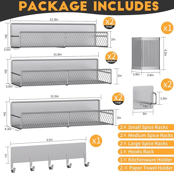 Magnetic Spice Rack for Refrigerator, 10 Pack 100% Metal Strong Magnet Shelf, Moveable Spice Organizer W/ Adjustable Paper Towel Holder, Hook Rack & Utensil Caddy, Home Kitchen Laundry Storage, Grey
