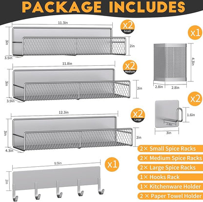 Magnetic Spice Rack for Refrigerator, 10 Pack 100% Metal Strong Magnet Shelf, Moveable Spice Organizer W/ Adjustable Paper Towel Holder, Hook Rack & Utensil Caddy, Home Kitchen Laundry Storage, Grey