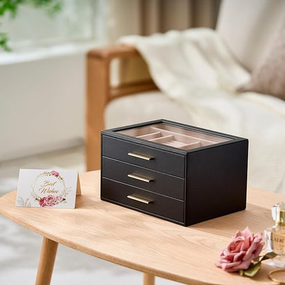 pickpiff Jewelry Box Organizer Case for Women: 3-Layer Jewelry Storage Case with Glass Window, Black Leather with Blush Velvet, Holder for Ring Necklace Bracelet Brooch Watch, Great Gift for Her