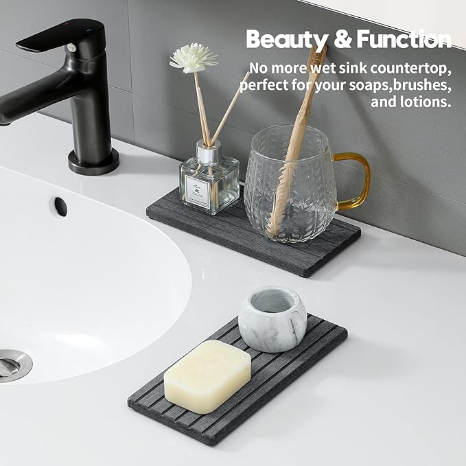 Razborci 2PCS Diatomite Water Absorbing Stone Drying Tray Mat for Bathroom & Kitchen Counter, Instant Dry Drink Bar Coaster, Vanity Sink Caddy Organizer, Dish Soap Sponge Holder, Dark Gray, 8"x3.8"
