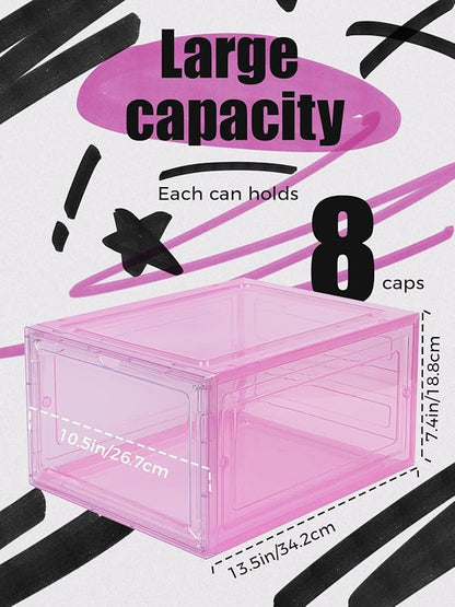 SCAVATA 6 Pack Hat Organizer Box, Stackable Clear Baseball Caps Holder Box Containers with Magnetic Door for Hats Snapback Cap Storag, Hat Rack Display Case, Holds 8 Hats Each (Pink)