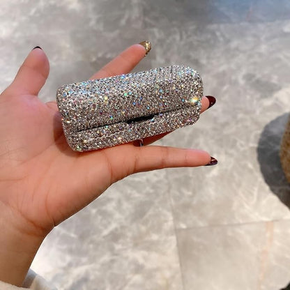 Lipstick Bling Rhinestone Crystal Case Storage Organizer Box with Mirror for Women's Lipstick Holder-Cosmetic Storage Kit (Full silver)