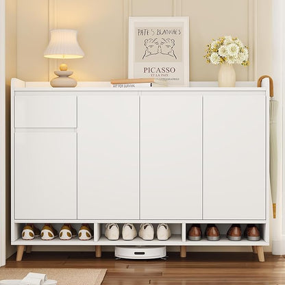 JIVOIT Shoe Cabinet with Adjustable Shelves, Drawer, Sleek and Contemporary Shoe Rack with Solid Wood Legs, Minimalist Home Organizer Storage Sideboard for Entryway, Living Room (White,167)