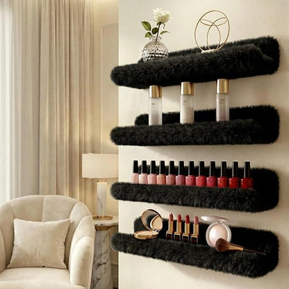 Care&More YJ 15 Inch Nail Polish Shelves, 4-Pack Fuzzy Display Nail Polish Rack for Storing Nail Bottles, Sunglasses, Essential Oils, Plush Soft Black