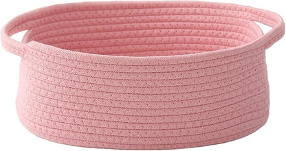 JMvicyroam Woven Basket,Small Rope Storage Bin with Handles & Ribbon Bag, Organizer for Shelves Closets,Gift Basket Empty for Birthday,Books,Dog Toys, Pink