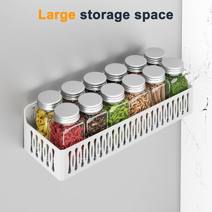 Sevenblue 4 Pack Large Magnetic Spice Rack for Refrigerator, Spice Rack Organizer, Moveable Magnetic Shelf Fridge Organizer with 4 Hooks for Kitchen and Oven Organization, White