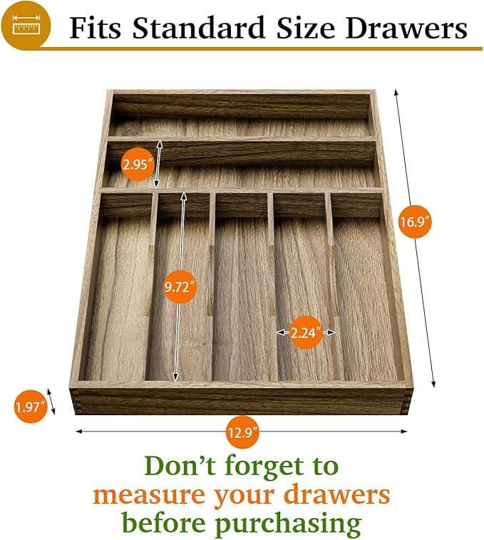 Kiasthome Acacia Wood Silverware Drawer Organizer, Kitchen Utensil Cutlery Drawer Organizer with Grooved Dividers, Flatware Organizer Silverware Tray Holder for Spoon, Fork, 13''x16.9'' (7 Slots)