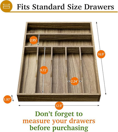 Kiasthome Acacia Wood Silverware Drawer Organizer, Kitchen Utensil Cutlery Drawer Organizer with Grooved Dividers, Flatware Organizer Silverware Tray Holder for Spoon, Fork, 13''x16.9'' (7 Slots)