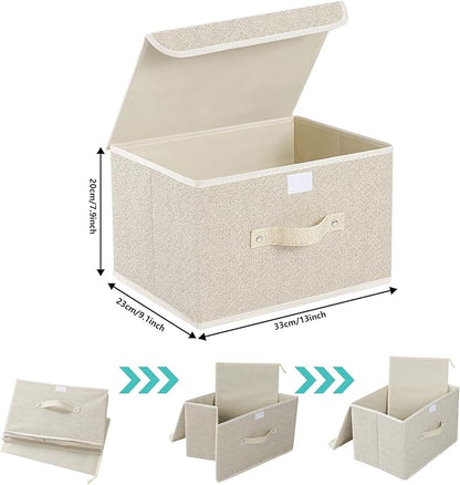 Storage Boxes, Collapsible Storage Bins with Lids, Cotton and linen cloth Storage Baskets with Handle, for Books, Closet, Bedroom, Home, 13x9.1x7.9 in, Grey and Beige