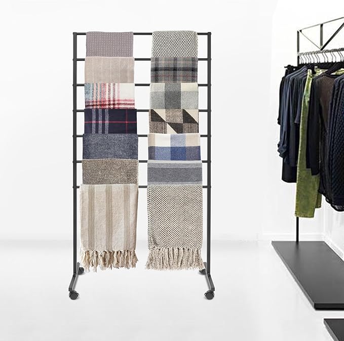 7 Tier Metal Display Rack with Wheels, Floor Standing Scarf Display Stand, Hijab Rack for Retail Stores, Towel, Belts, Ties, and Pants (Black, 7 Tier)