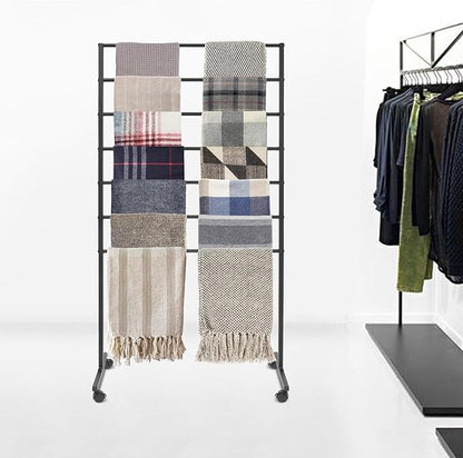 7 Tier Metal Display Rack with Wheels, Floor Standing Scarf Display Stand, Hijab Rack for Retail Stores, Towel, Belts, Ties, and Pants (Black, 7 Tier)