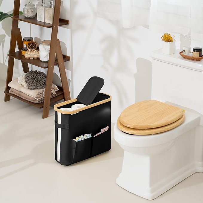 StorageWorks Toilet Paper Storage Baskets with Dual Flip Lids, Toilet Paper Organizer for Bathroom, Toilet Paper Container with Side Pocket, Holds 9 Mega or 12 Regular Rolls, Medium, Black