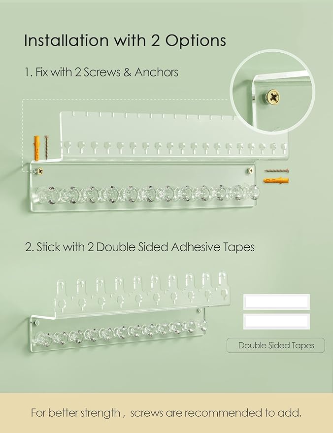Acrylic Hanging Jewelry Organizer Wall Mounted Jewelry Holder with Floating Shelf, Necklace Holder Organizer, Stud Earring Organizer and Ring Holder for Women Girls (2 Pack)