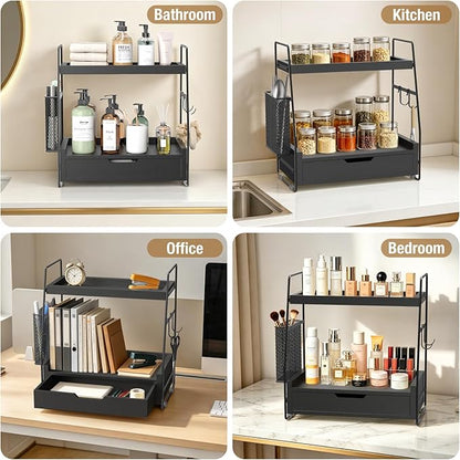 2-Tier Bathroom Counter Organizer with Drawer & Removable Basket, Wood & Metal Vanity Organizer for Skincare, Makeup, Perfume, Toiletries, Small Bathroom Counter Shelf, 13'' Black