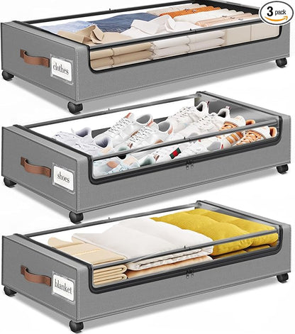 SpaceHacks Under Bed Storage with Wheels 3Pack Underbed Storage with Clear Window&Label Under Bed Drawers Large Capacity Rolling Under Bed Storage for Clothes,Shoes, Blankets (Light Grey)