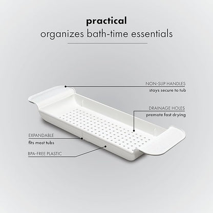 madesmart Expandable Bath Shelf, Adjustable Bathtub Tray for Bath-Night, Holds Glasses, Soaps, Toys & Bath Essentials, Non-Slip Grip, Fits Most Tubs, White
