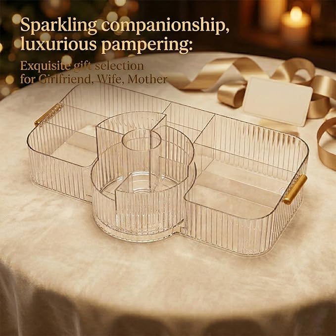 Rotating Makeup Organizer Countertop for Vanity, Cologne Organizer for Men, 360° Spinning Cosmetic Display Case with Brush Holder, Premium Handles, Acrylic Skincare Storage for Bathroom Countertop