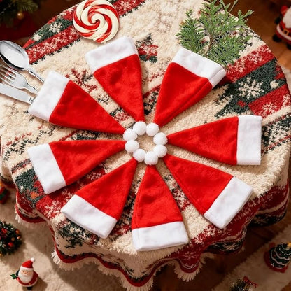 40 Pcs Christmas Santa Hats Silverware Utensil Holders, Xmas Table Flatware Wine Bottle Covers Dinnerware Cutlery Decorations Party Supplies