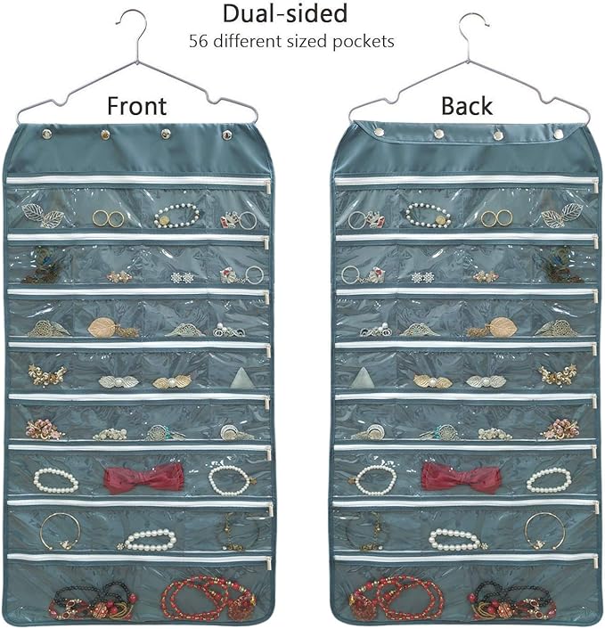 BB Brotrade Hanging Jewelry Organizer,Accessories Organizer,56 Zipper Pocket Organizer for Holding Jewelries (Grey-Zipper)
