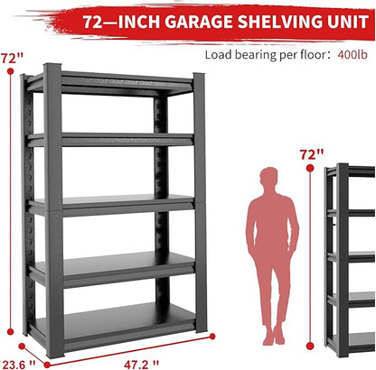 5 Tier Garage Shelves Heavy Duty,72"*48"*24" Metal Shelving Units and Storage 2000lbs Adjustable Steel Shelf Organizer Storage Racks Tool Utility Shelf and Large Industrial Warehouse Basement Shelving