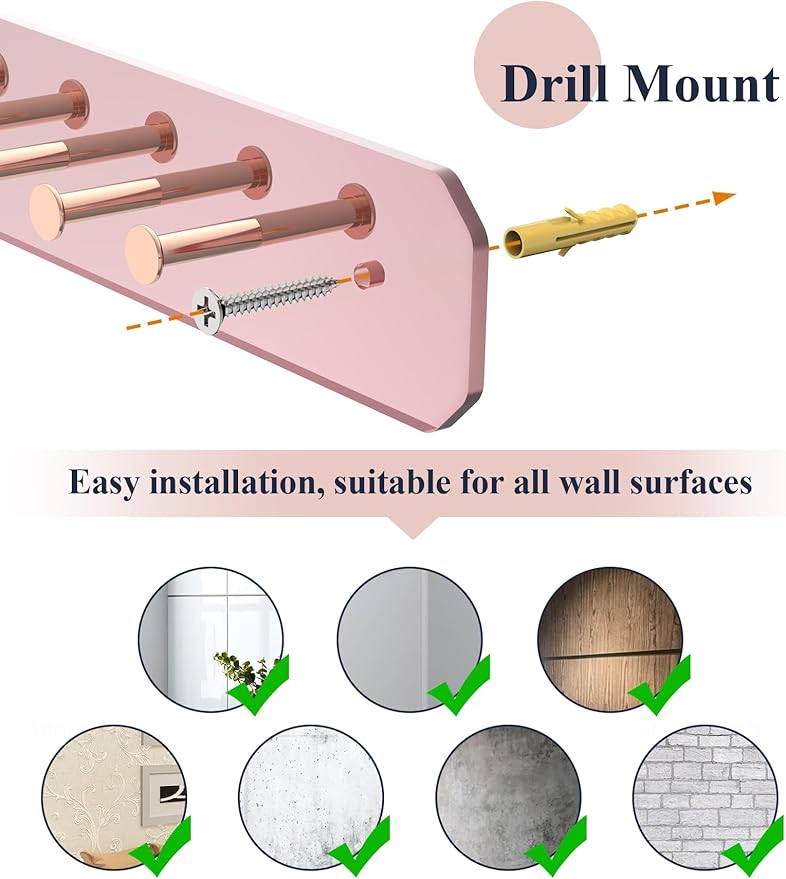 NiHome Wall Mount Acrylic Jewelry Organizer 2-Pack, Sleek Rack Strong Carbon Steel Hooks for Dressing Table, Bathroom, Kitchen, Hassle-Free Installation Dual Mounting Options (Rose Gold Mirror Finish)