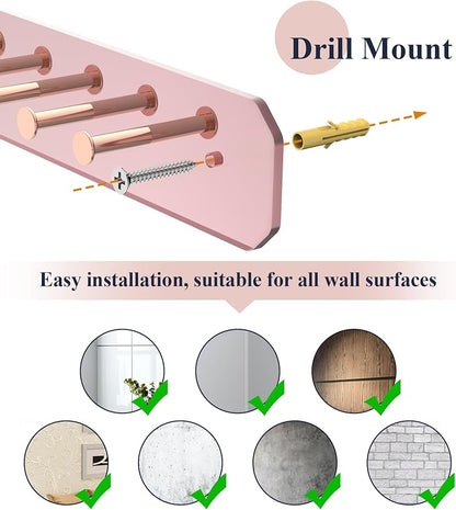 NiHome Wall Mount Acrylic Jewelry Organizer 2-Pack, Sleek Rack Strong Carbon Steel Hooks for Dressing Table, Bathroom, Kitchen, Hassle-Free Installation Dual Mounting Options (Rose Gold Mirror Finish)