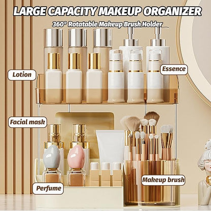 DASITON Large Capacity Makeup Organizer with 360° Rotating Makeup Brush Holder, Perfume and Skincare Storage Organizers for Vanity Bathroom Countertop, Cosmetic Display Case (Cream, 2 Tier)