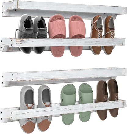 Nisorpa 30 Inch Shabby White Washed Wood Hanging Shoe Rack, Wall Mounted Shoe Rack Storage Organizer Space Saving Footwear Holder for Closet, Mudroom, Entryway, Holds 12 Pairs, Set of 4