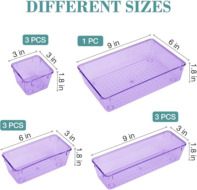StorMiracle 10 PCS Drawer Organizer Set, 4 Varied Size Bathroom and kitchen Drawer cabinet organizer Trays, Clear Storage Bins for Makeup, Jewelry, Utensils and Gadgets, Purple