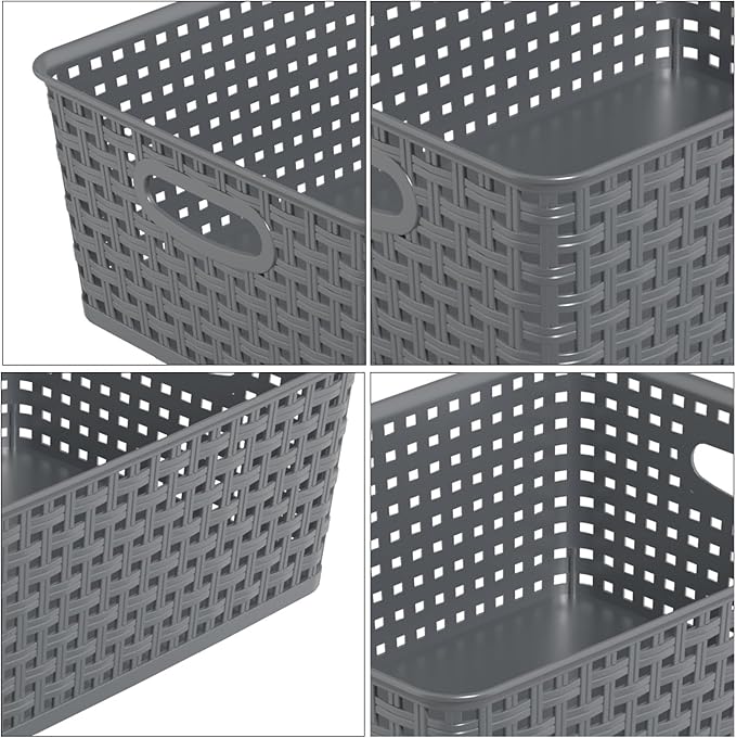 Kekow 4-Pack Gray Plastic Storage Basket, Pantry Woven Plastic Storage Basket