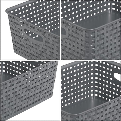 Kekow 4-Pack Gray Plastic Storage Basket, Pantry Woven Plastic Storage Basket