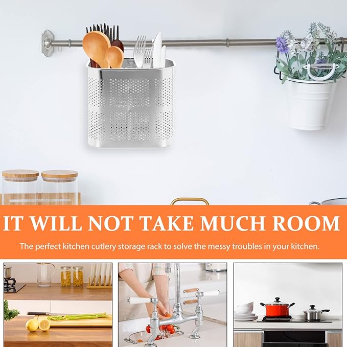 UPKOCH Hanging Chopstick Holder Kitchen Utensil Drying Rack with Drain Holes 2-Compartment Flatware Organizer for Chopsticks Forks and Spoons 6.29X5.11X2.75 Inch