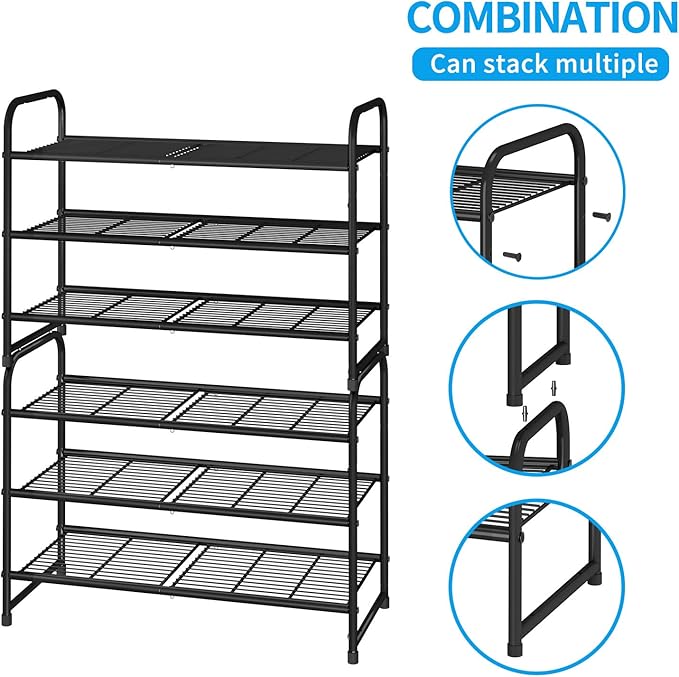 Simple Trending 3-Tier Stackable Shoe Rack, Expandable & Adjustable Shoe Shelf Storage Organizer, Wire Grid, Black