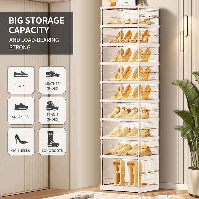 CIMLORD 9 Tier Foldable Shoe Rack for Closet Entryway 9-18 Pairs Stackable Clear Shoe Storage Boxes with Lids Tall Shoes Shelf with Door Plastic Organizer Cabinet Easy Assembly