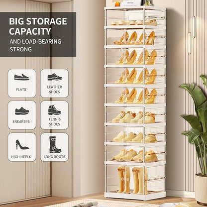 CIMLORD 9 Tier Foldable Shoe Rack for Closet Entryway 9-18 Pairs Stackable Clear Shoe Storage Boxes with Lids Tall Shoes Shelf with Door Plastic Organizer Cabinet Easy Assembly