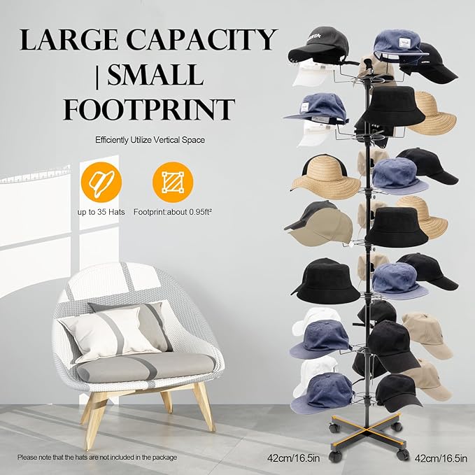 Floor Stand 7 Tier 35 Hats Rotating Hat Display Rack Cowboy Baseball Hat Stand Hang Organizer Retail Hat Rack Rotating Spinner Stand Fit Shop Standing Hat Rack Baseball Cap Display (Black)