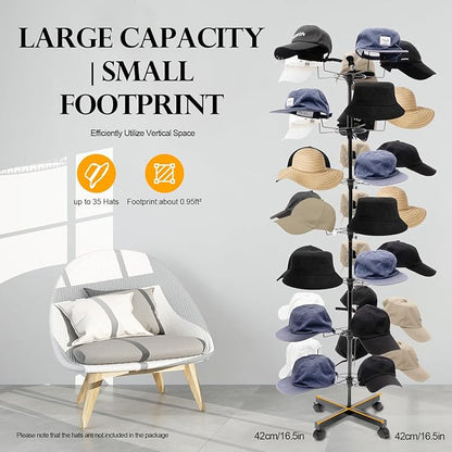 7-Tier Rotating Hat Display Stand, Free Standing Hat Rack Stand, Rolling Display Hat Stand with 35 Metal Hooks, Adjustable Height Cap Organizer for Wig Cap Baseball Hats (1PC - Black)