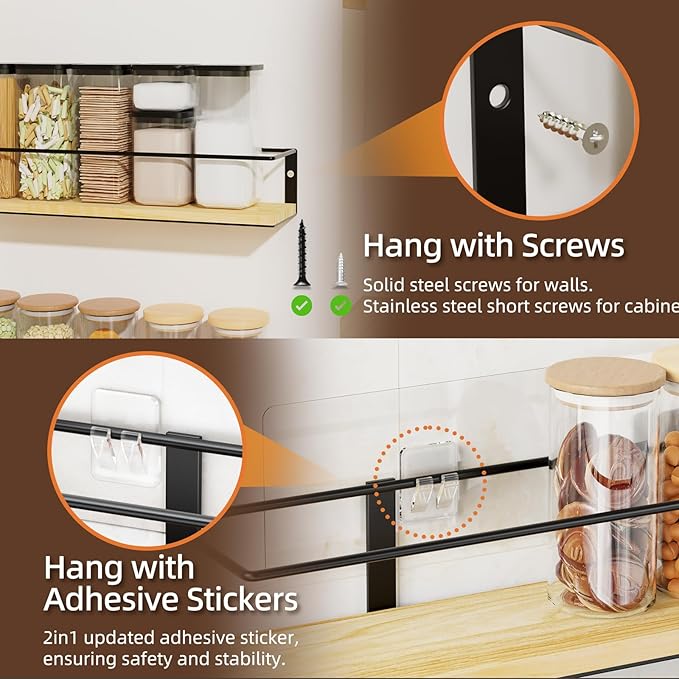 Spice Rack, Self-Adhesive or drilling, Rustic Style Hanging Spice Rack, Spice Organization for Cabinet Door or Wall Mount, Over The Stove, Kitchen Wall, 4-Pack, Wood Color