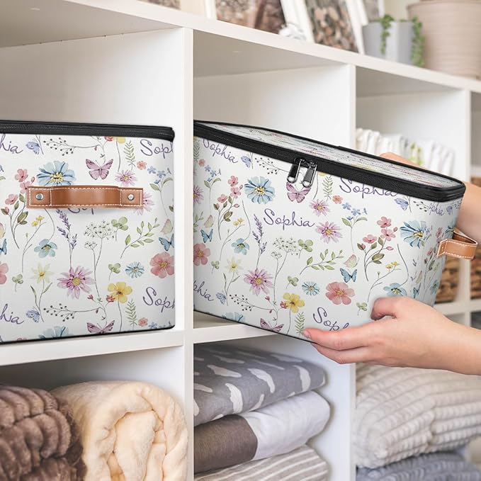 Custom Watercolor Flower Storage Bins with Lid, Foldable Personalized Storage Basket Boxes with Handle Shelf Basket Closet Organizer Cube