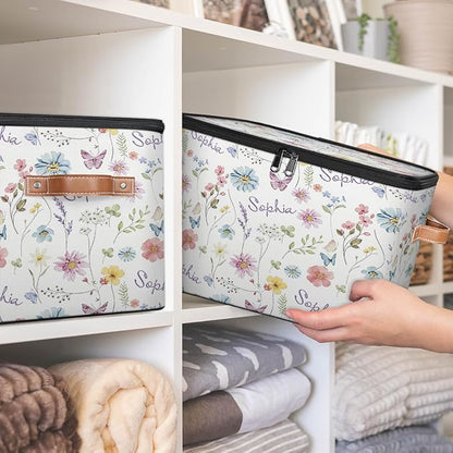 Custom Watercolor Flower Storage Bins with Lid, Foldable Personalized Storage Basket Boxes with Handle Shelf Basket Closet Organizer Cube