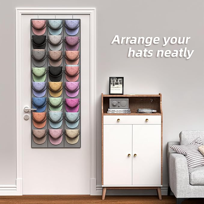 Grey Hat Organizer Racks for Baseball Caps, 24 Deeper Pockets Baseball Hat Rack, Cap Rack, Hat Rack for Door with 3 Hooks