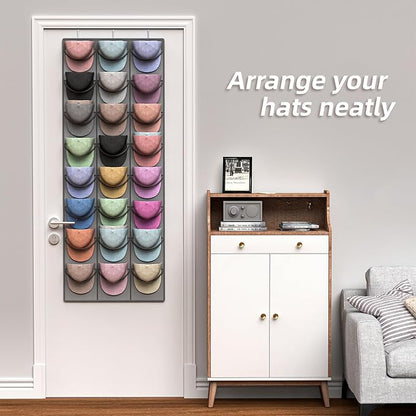 Grey Hat Organizer Racks for Baseball Caps, 24 Deeper Pockets Baseball Hat Rack, Cap Rack, Hat Rack for Door with 3 Hooks