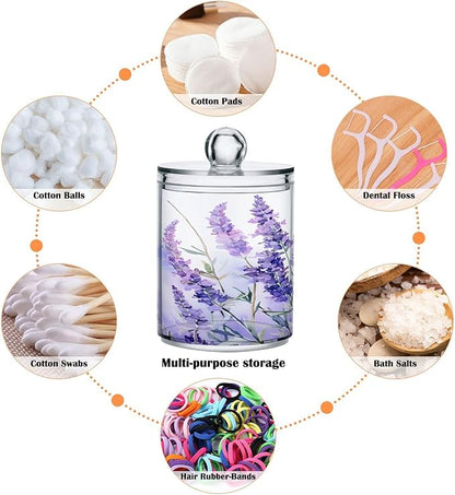 4 Pack Qtip Holder Dispenser Purple Lavender Floral A Cotton Ball Swab Round Pads Floss Clear Bathroom Storage Containers Plastic Apothecary Jars with Lids