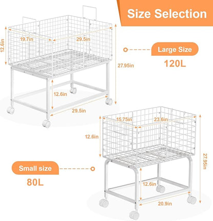 Wire Laundry Cart with Wheels,80L Rolling Laundry Basket Trolley with Pull Handle,White High Laundry Basket Cart for Laundry Room,Bathroom,Bedroom-White(23.6 * 15.75 * 28inch)