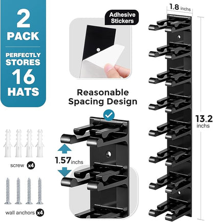 Hat Organizer for Baseball Caps, 2 Pack Hat Rack for Wall Closet Door Hold up to 16 Hats,Hat Holder with Adhesive and 8 Screws, Hat Hanger Cap Holder Hat Hangers for Wall Closet Door Bedroom(A-Black)
