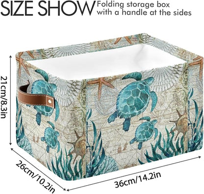 Bolaz Large Storage Basket Vintage Ocean Sea Turtle Starfish Map Foldable Storage Box Organizer Bins with Handles for Bedroom Home Office